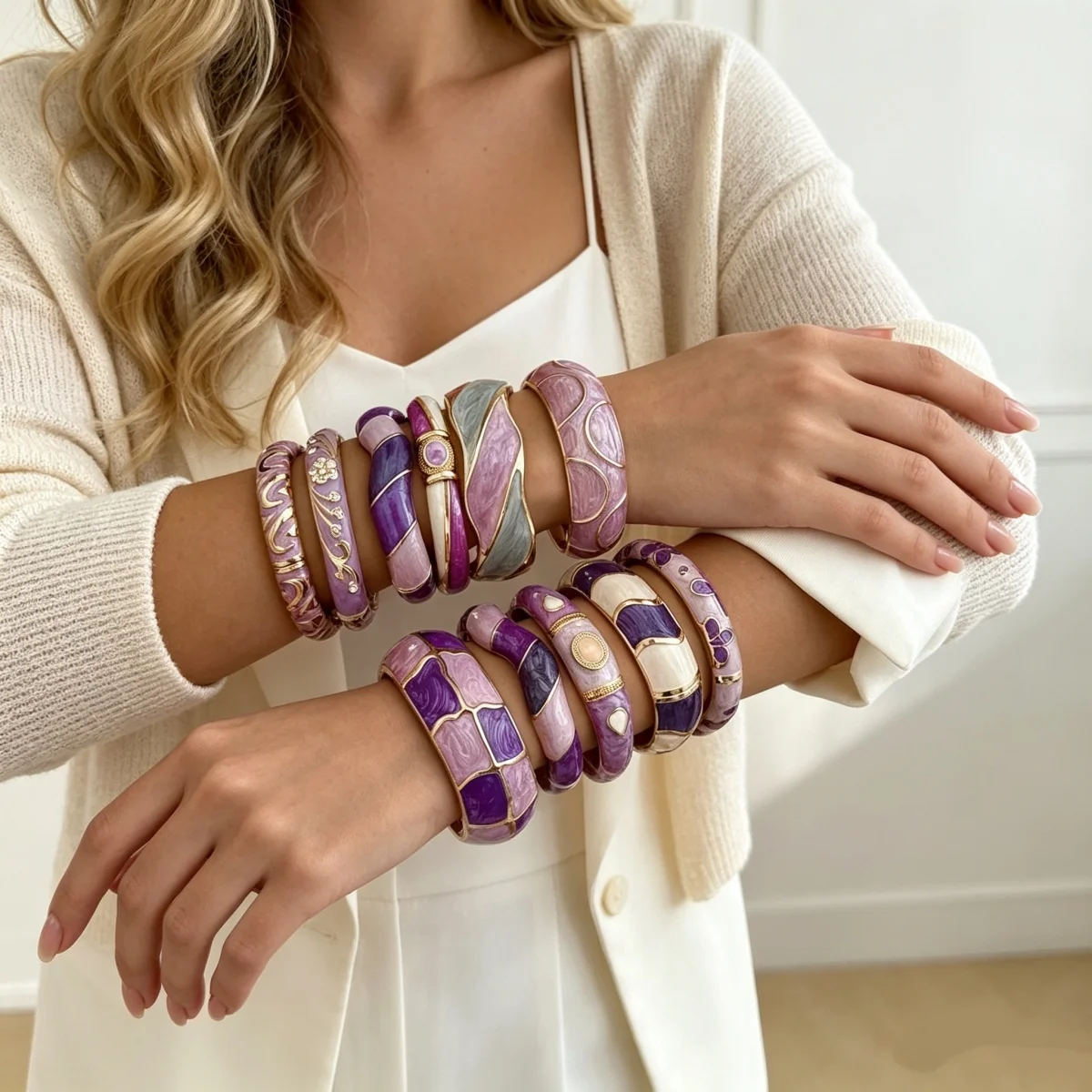 Ästhetisches Armband aus Emaille der Purple-Serie für Damen und Herren, Vintage-Punk-Stil, unregelmäßiger Block, gedreht, wellig, breiter Statement-Armreif, Schmuckstück – Detail 10
