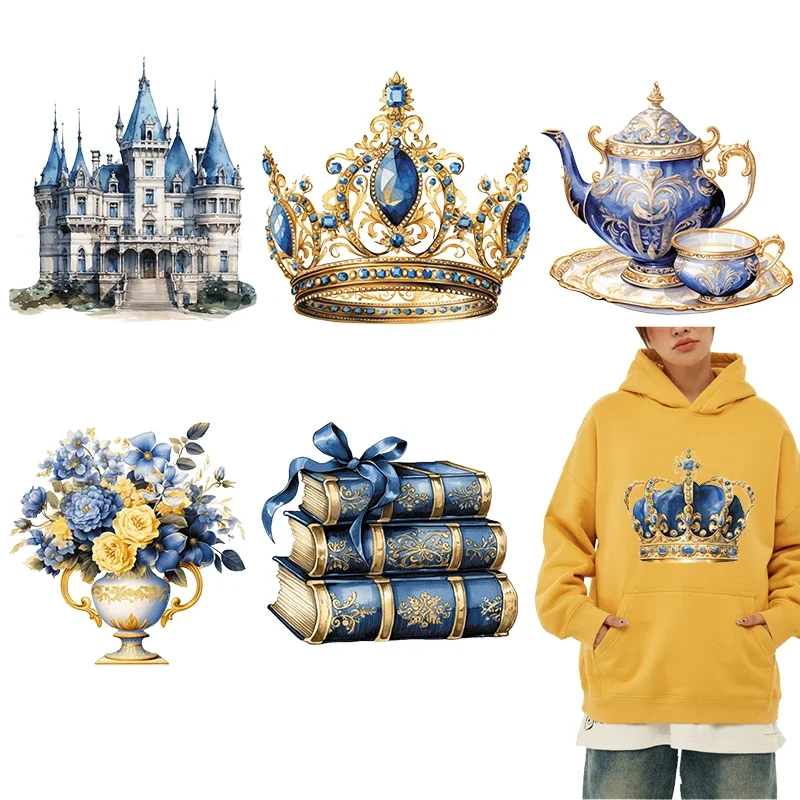 Royal Victoria Castle Carriage Crown DTF Thermo Sticker Decals Heat Transfer On Clothes Iron On Patch For Hoodies Press Printing