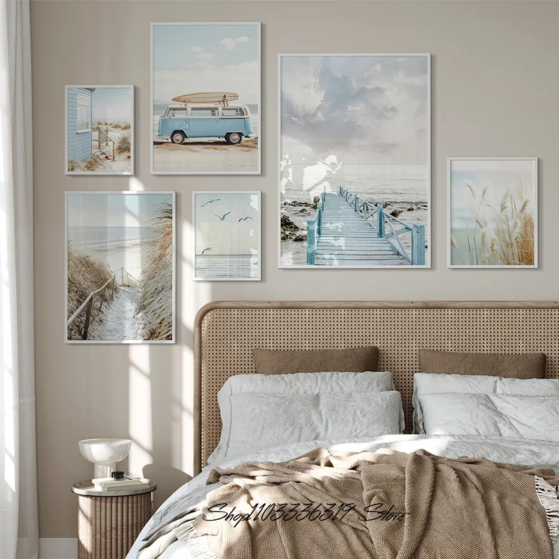 Beach Coastal Ocean Landscape Photography Pampass Grass Boho Art Poster Canvas Painting Wall Prints Picture for Room Home Decor