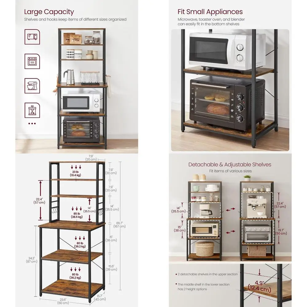 

23.6 6-Tier Kitchen Storage Rack with Hooks, Microwave Stand, Rustic Brown and Ink Black