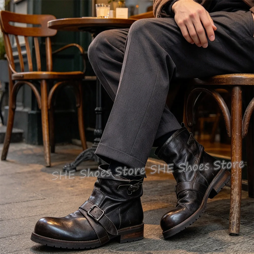 Vintage Distressed Design Leather Male Ankle Boots Round Toe Chunky Bottom Double Buckle Short Boots Outside Motorcycle Boots