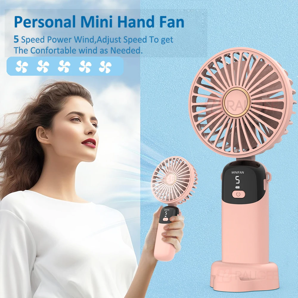 Mini Fan Foldable Portable Neck Hanging Fans for Outdoor Travel Handheld Fan Rechargeable LCD Digital Display with Phone Stand