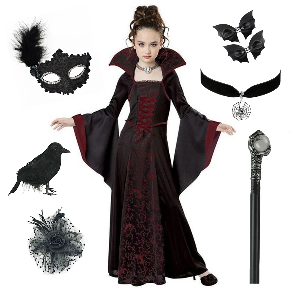 Witch Costume Cosplay Halloween Dress Girls Medieval Retro Print Stand Collar Flare Sleeve Kids Outfit Carnival Festival Clothes