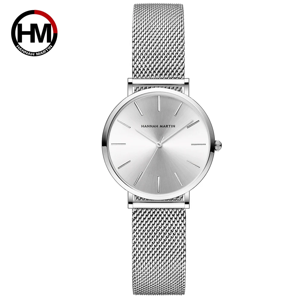 

Hannah Martin Top Brand Women Watch Japanese Movement Stainless Steel Waterproof Fashion Simple Girl Quartz Wristwatch Box Set