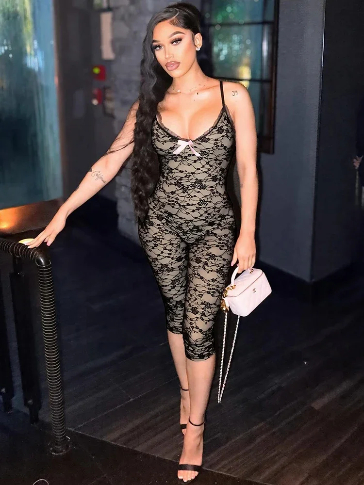 Renda bordada mulheres playsuits arcos splice doce sexy ver através de decote baixo magro macacão feminino meia-noite wear