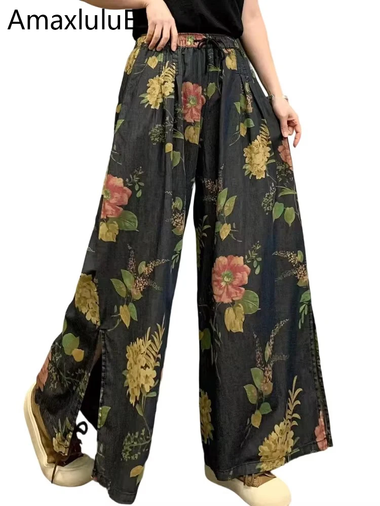 

AmaxluluE 2025 Summer Women Fashion Floral Denim Wide Leg Pants Ladies Loose Casual Vintage Printed Jeans Elastic Waist Trousers