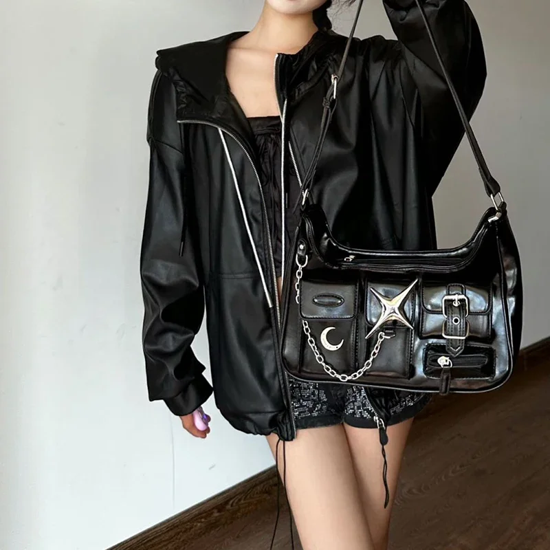 

MBTI Y2k Womens Shoulder Bag Harajuku Fashion Gothic Casual Black Chains Handbag Hot Girls Pu Leather Ladies Motorcycle Bag Sac