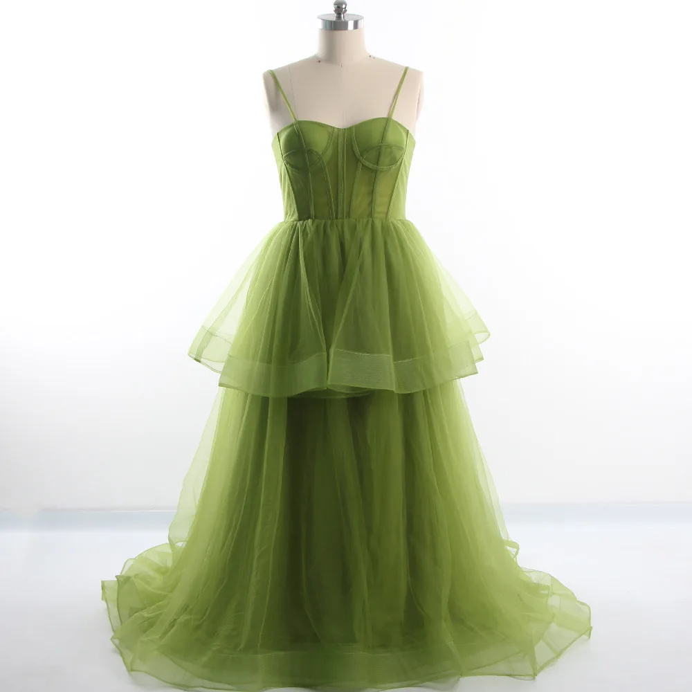 

Evening Dresses Green Sleeveless Strapless Ruched Pleat A-line Floor length Train Lace up Tulle Women Formal Party Dress B1172