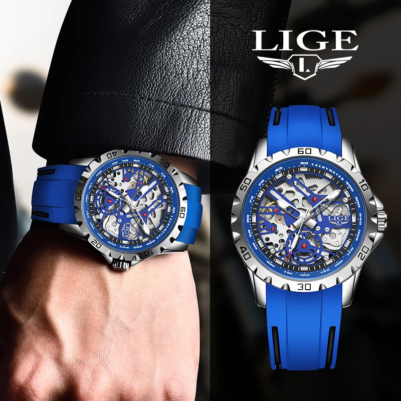 LIGE Top Brand Luxury Mechanical Tourbillon Watch Fashion Business Sport Waterproof Luminous Silicone Skeleton Automatic Watches