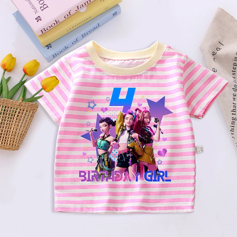 

Kpop Demon Hunters Stripe T-shirt for Girls Anime Cartoon Cute Short-sleeved Top Children Summer Fashion T-shirts Kids Clothes