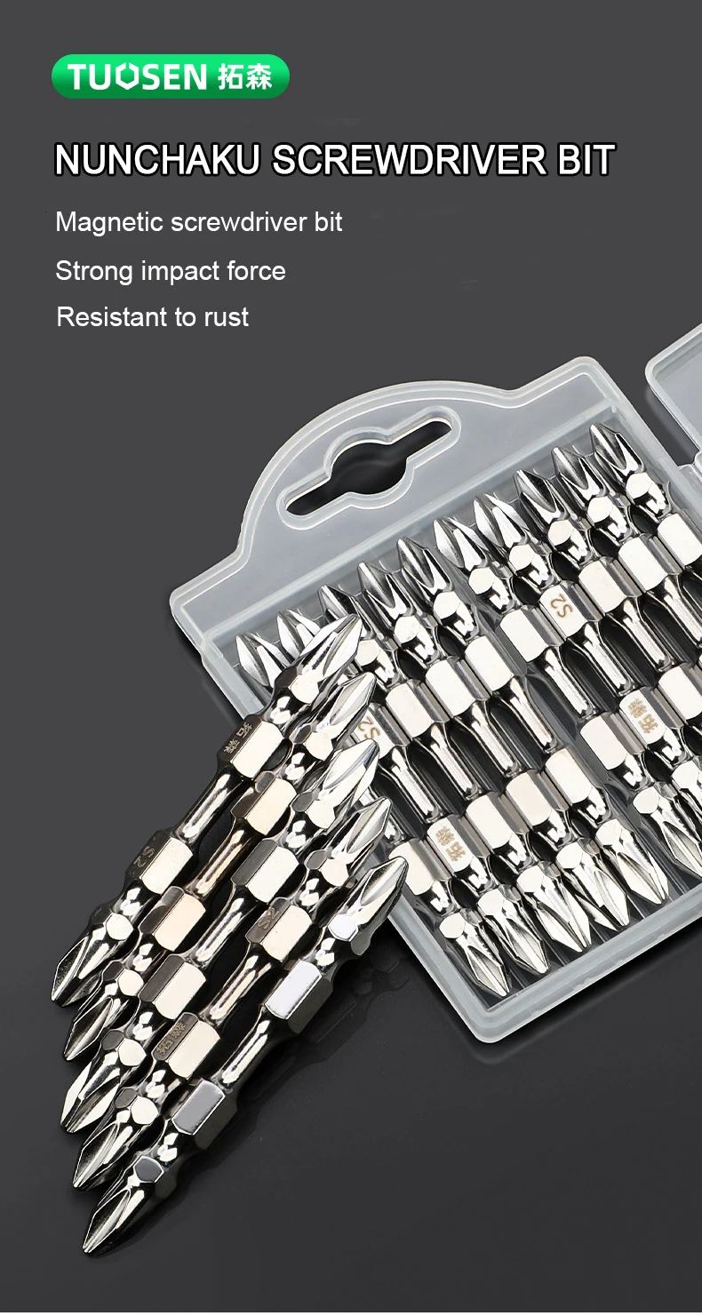 10 Stück S2 Schlagschrauberköpfe, Doppelkopf-Kreuzschlitz PH2, galvanisiert, magnetisch, rostbeständig – Detail 1