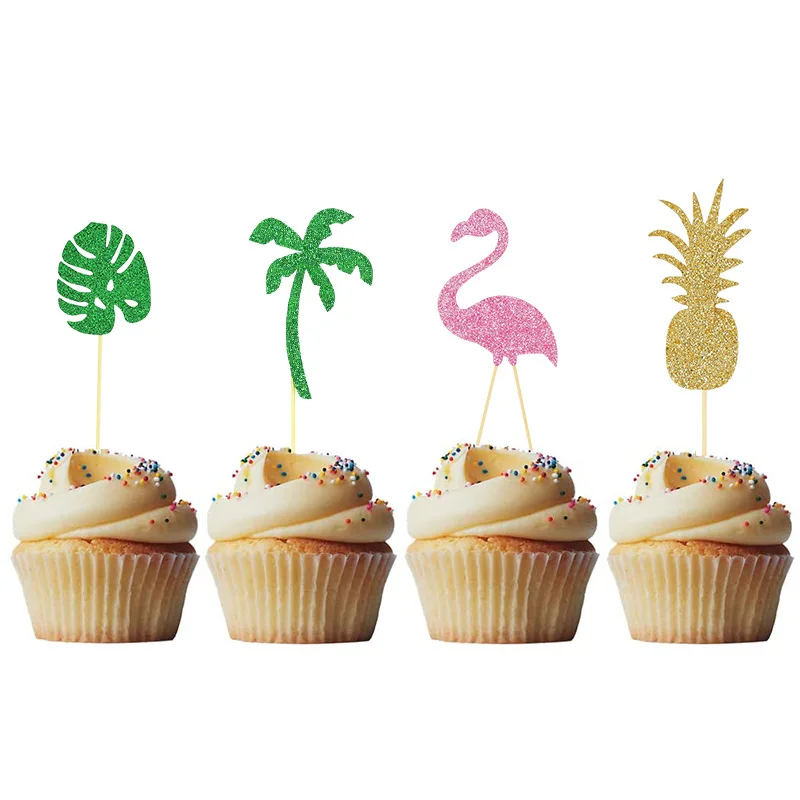 10pcs Hawaiian Party Cupcake Toppers Flamingo Trees Luau Summer Tropical Party Cake Decoration Birthday Party Wedding Supplies