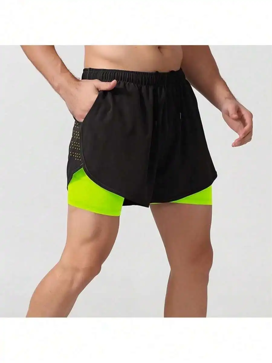 Mens 2 In 1 Running Shorts Quick Dry Gym Athletic Workout Shorts With Side Pockets