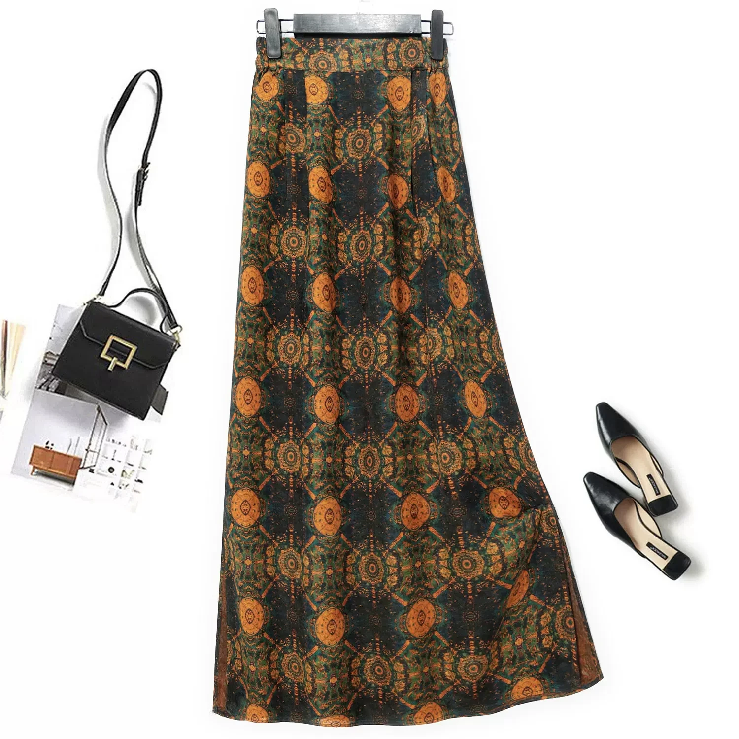 Winsleter, Watered Gauze Silk Elegant Skirts, Women Elastic Waist Print, Retro Versatile OL Skirt, 2024 Summer Autumn B48319QC