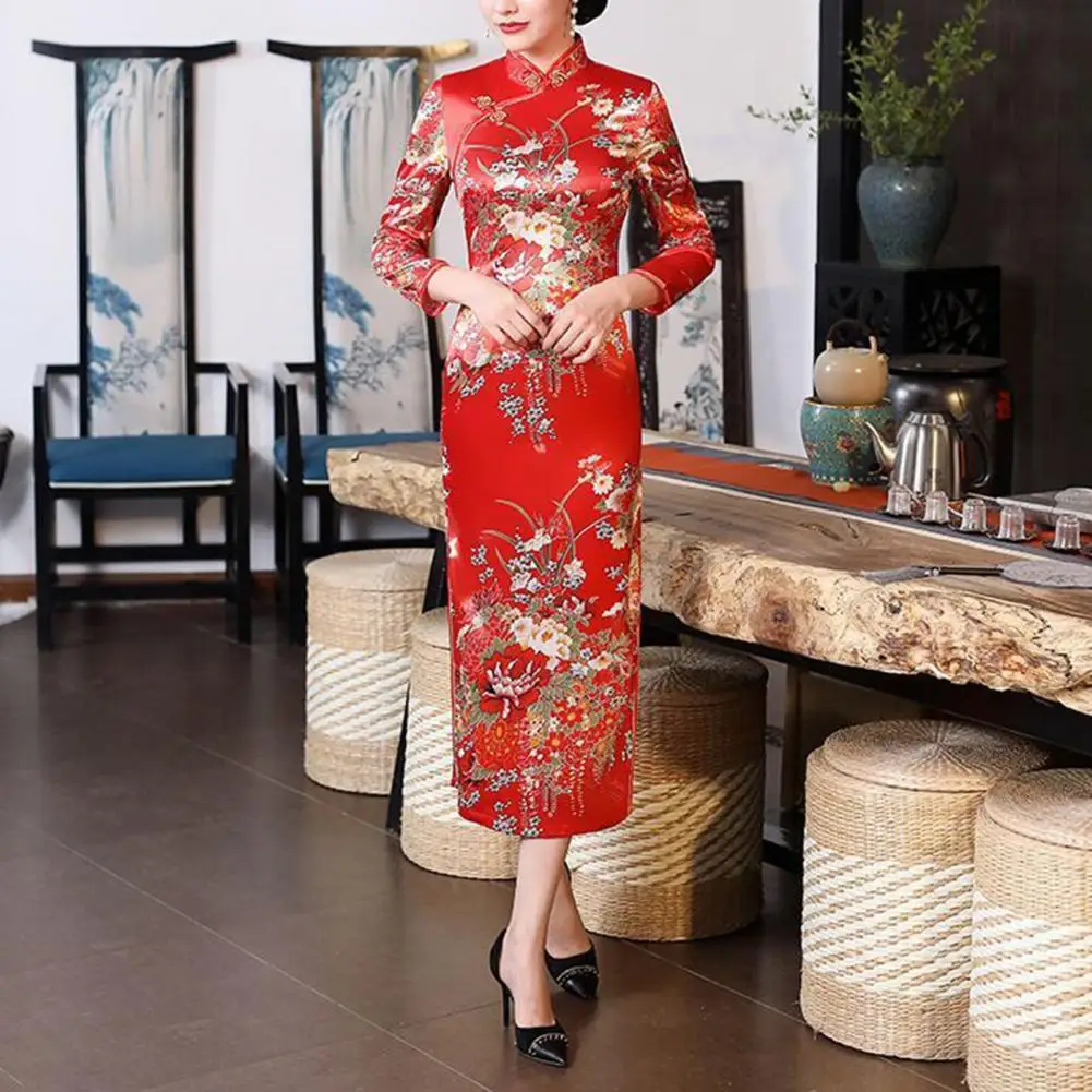 

Women Retro Cheongsam Dress Semi-stand-up Collar Elegant Chinese National Style Floral Print