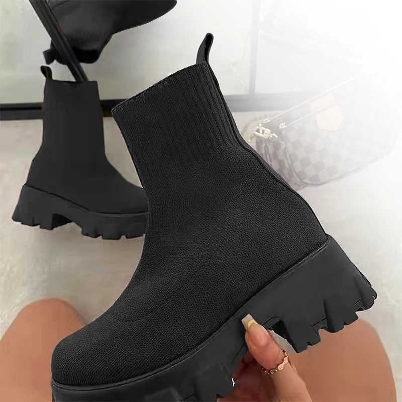 Shoes Woman Boots Knitted Sock Boots Women's Thick-soled Short Tube Breathable Plus Size 43  Boots Platform Booties Heels