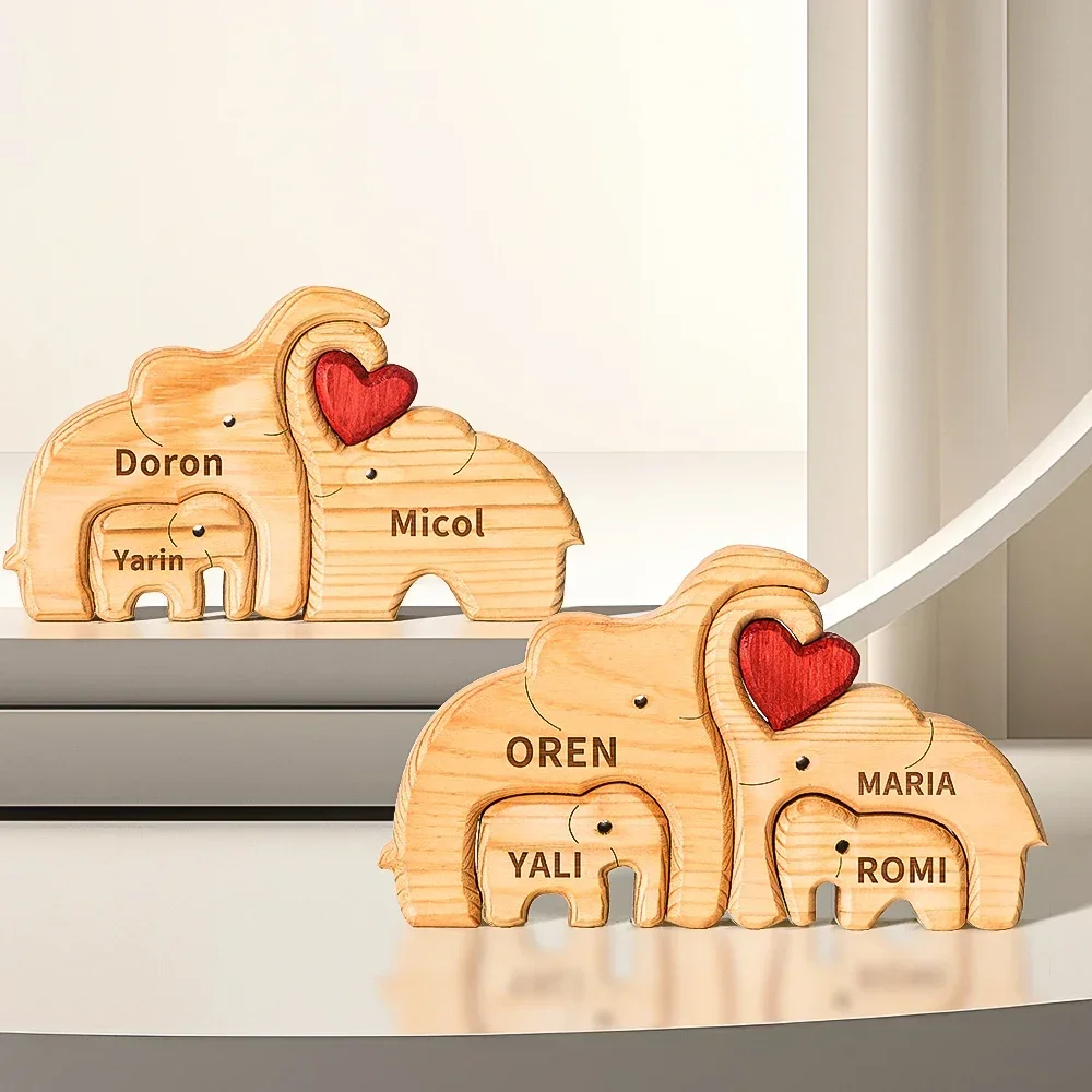 Personalized Elephant Family Theme Wooden Puzzle Cute Art Animal Family Wooden Statue Elephant Puzzle Gift for Family Kids