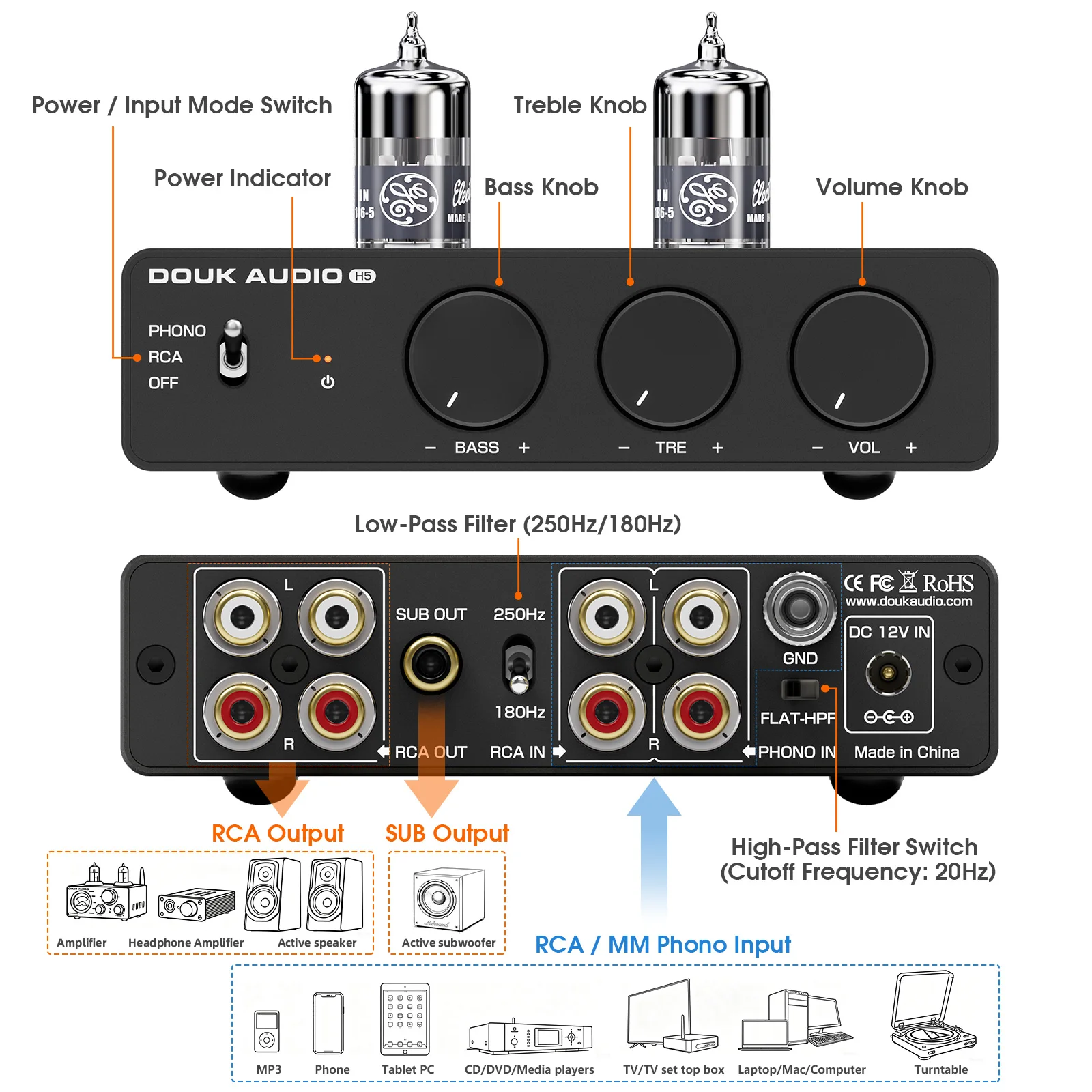 MM Phono Tube Preamp HiFi Stereo Vacuum Tube Preamplifier With Low Pass Filter SUB Output Turntable Audio Pre Amplifier