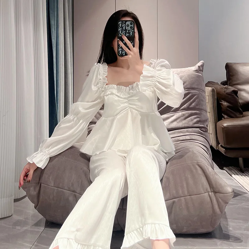 Spring Autumn Pajamas Women\'s 2024 New Long sleeved Pants Thin Home Solid Pijamas Home Nightwear Homewear