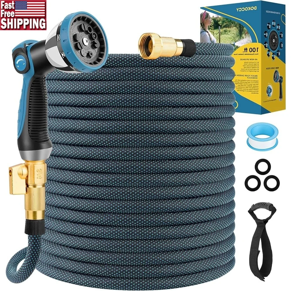 

Non-Expandable 100ft Garden Hose Lightweight Kink-Resistant Leak-Proof with 10 Function Spray Nozzle Durable Flexible Watering