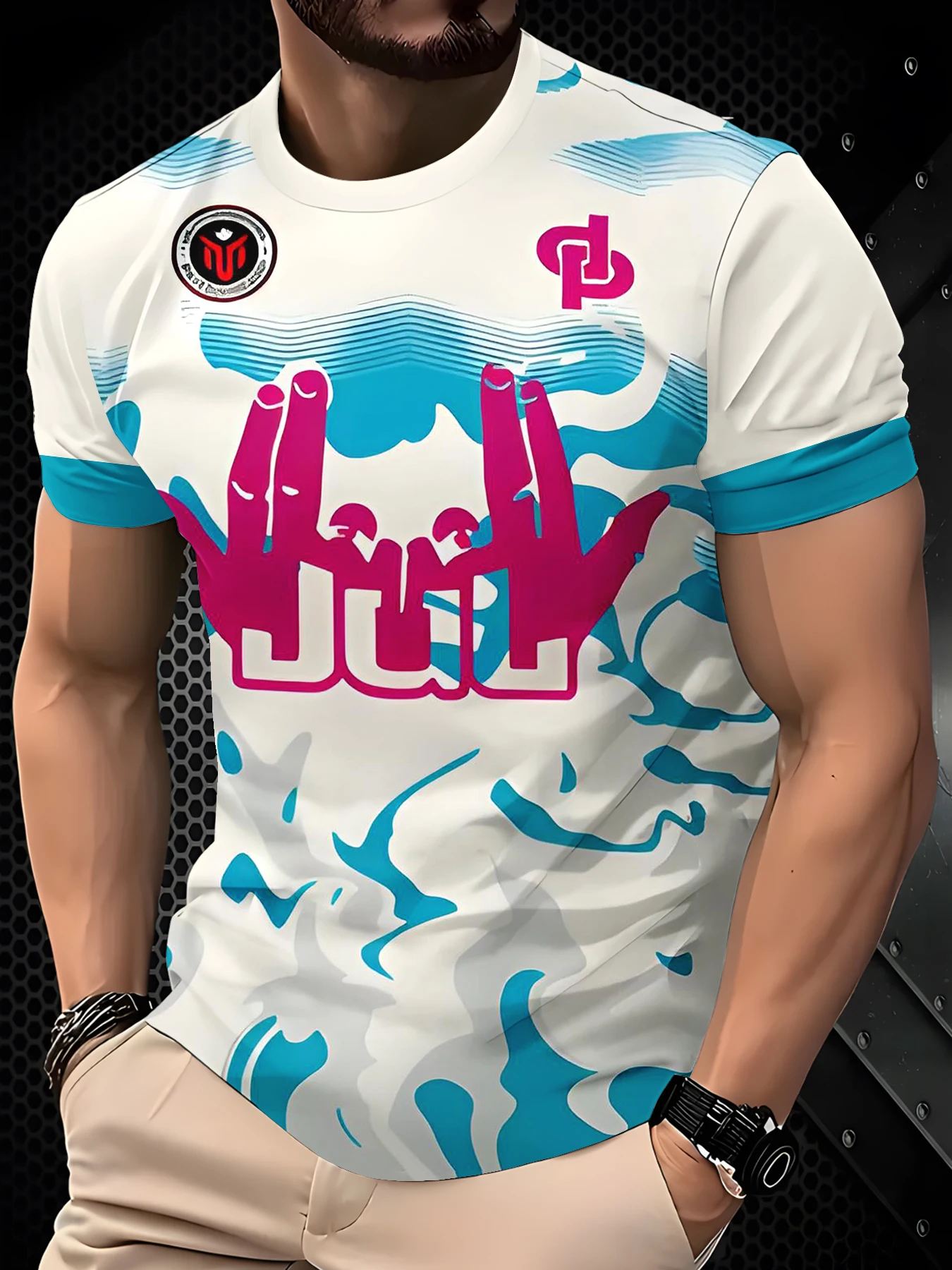 Light Blue Wave Camouflage Street Hand Sign Print Men Casual Short Sleeve Tee