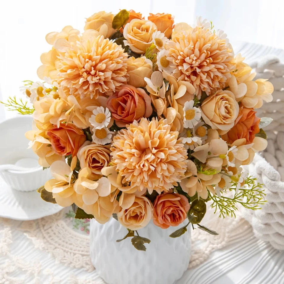 

1PC Artificial Flowers Wedding Home Bedroom Decor DIY Bridal Bouquets Garden Faux Silk Roses Hydrangeas Vases For Board Outdoors