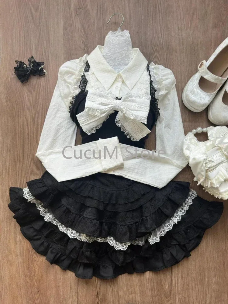 Japanese Style Kawaii Sweet Suit Hot Girl White Casual Shirt + High Waist Cute Lace Mini Skirt Party Lolita Sets Woman Chic