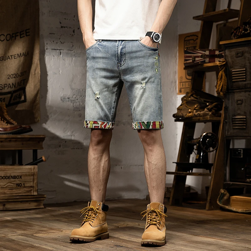 Denim Shorts Men's Summer Stretch Breathable Trendy Men's Personalized Fashion Embroidered Printed Slim Straight Casual Shorts