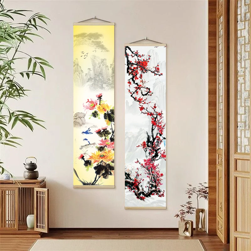 Retro Chinese Canvs Painting, Lotus Peony Canvas Wall Arts, Print Posters Home Decor Living Room Scroll Painting Hanging Picture