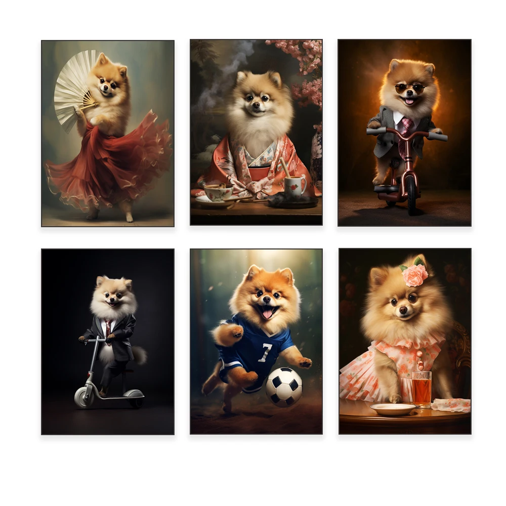 Pomeranian in kimono, suit dancing, kicking ball, playing scooter pet poster, Pomeranian portrait art, dog living room decoratio