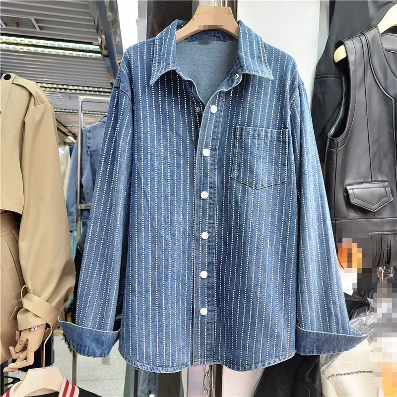 Wholesale 2023 Summer Stripe Crystal Hot Diamond New Loose Casual Versatile Long Sleeve Denim Women's Shirts