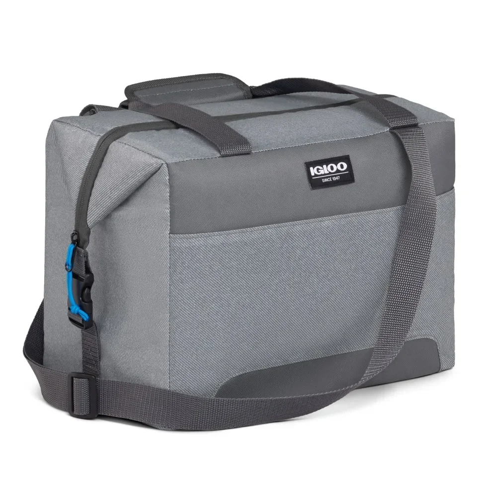 Enfriador de 24 latas de lados blandos, sarga gris con azul ibiza, bolsa aislante a prueba de fugas para picnics, playa y viajes
