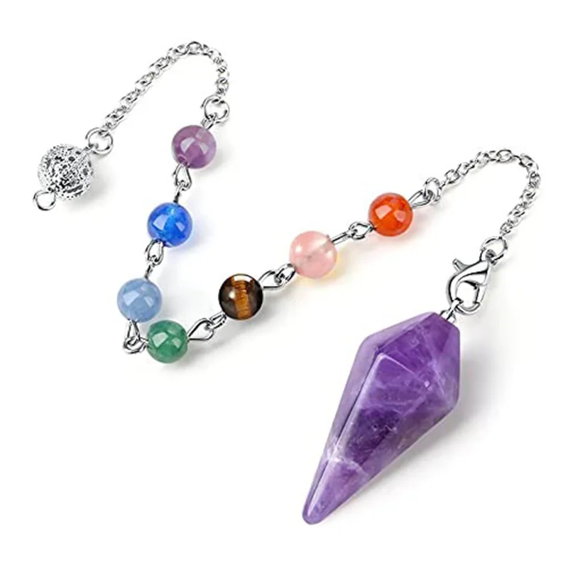 

7 Chakra Natural Rock Mineral Crystal Pendul For Women Men Gift Reiki Healing Hexagonal Rhombus Yoga Energy Pendulum