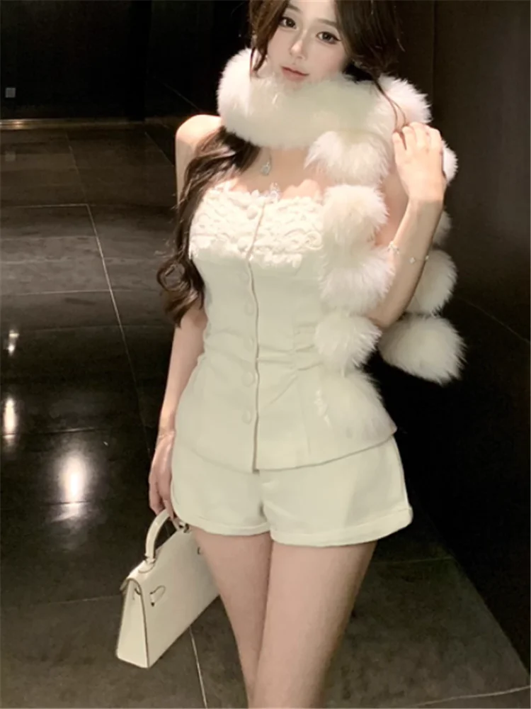 

Lace Embroidery Patchwork 2 Pieces Dress Sets with Fur Scarf Small Girl Sexy 2pc Strapless Little Vest Top&Mini Shorts Suits