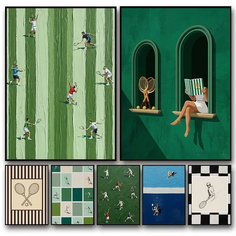 Retro Minimalist Tennis Theme Abstract Green Court Racket Sports Aesthetic Canvas Poster Wall Art Pictures Home Decor Gift