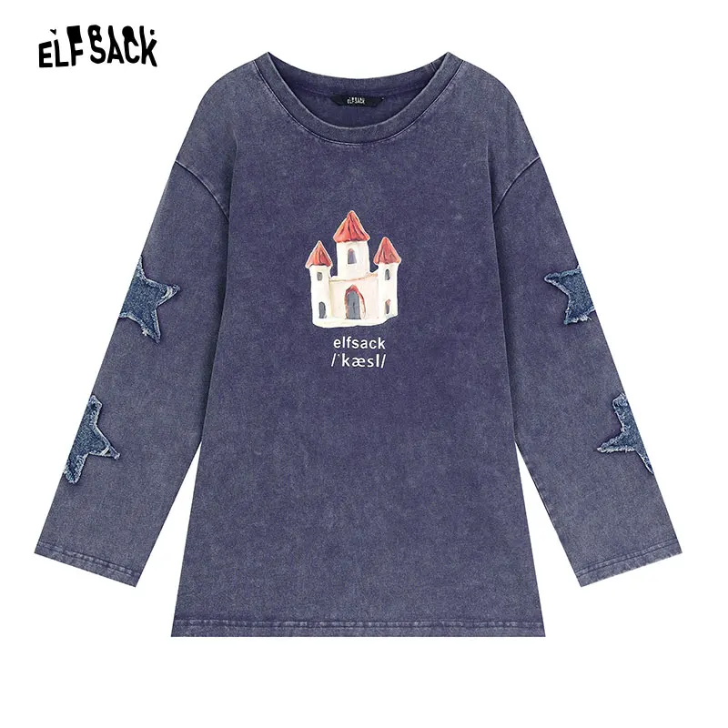 ELFSACK 2024 Autumn New Arrive Blue purple round neck casual style washed retro loose design casual long sleeve T-shirt for wome