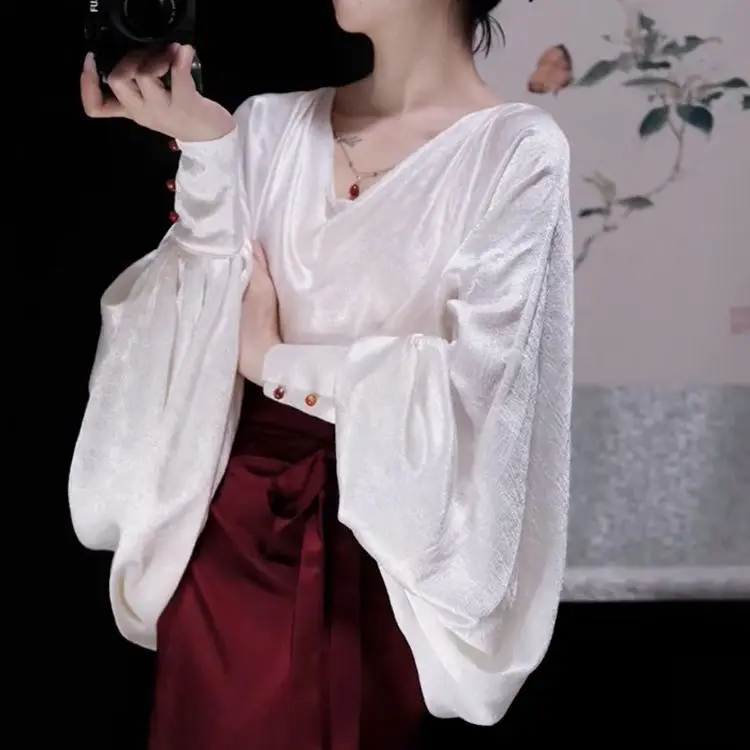 

Korea Elegant Shirt Relaxed Fit Women V-Neck Long Sleeve White Dark Pattern Shirt Noble