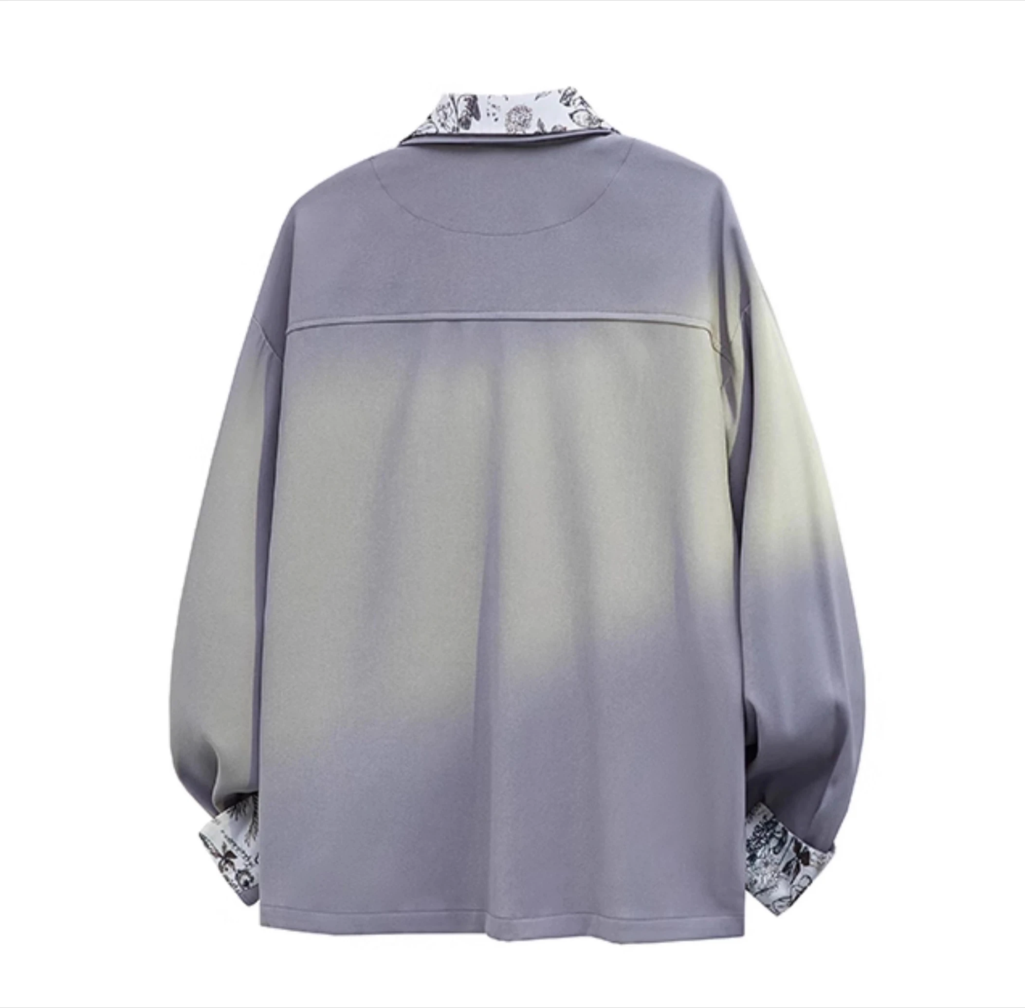 2025 الربيع والخريف جديد الرجال وهمية قطعتين المرقعة قميص أبيض الراقية طباعة النبات عادية أسود رمادي كم طويل قميص