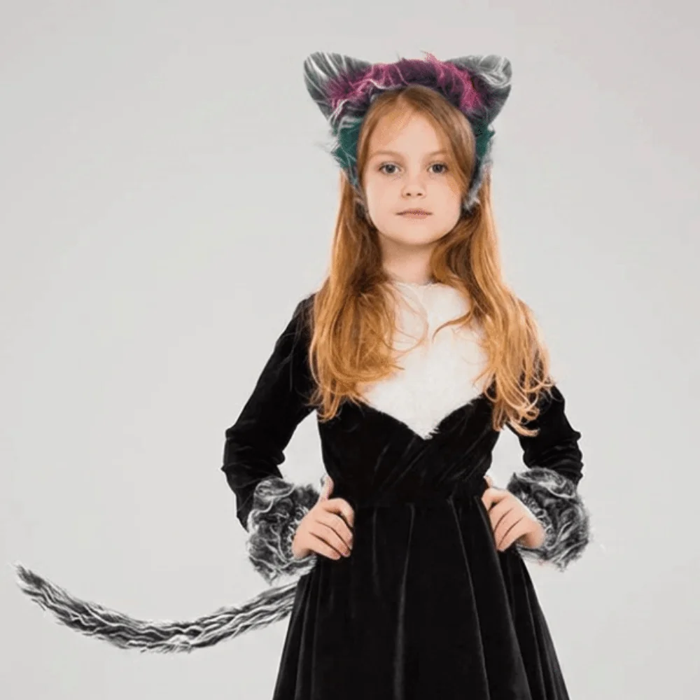 4pcs/set Furry Gray Wolf Costume Set Exquisite Fluffy Plush Sleeve Cover Tail Kit Faux Fur Lightweight Animal Cosplay Outfit