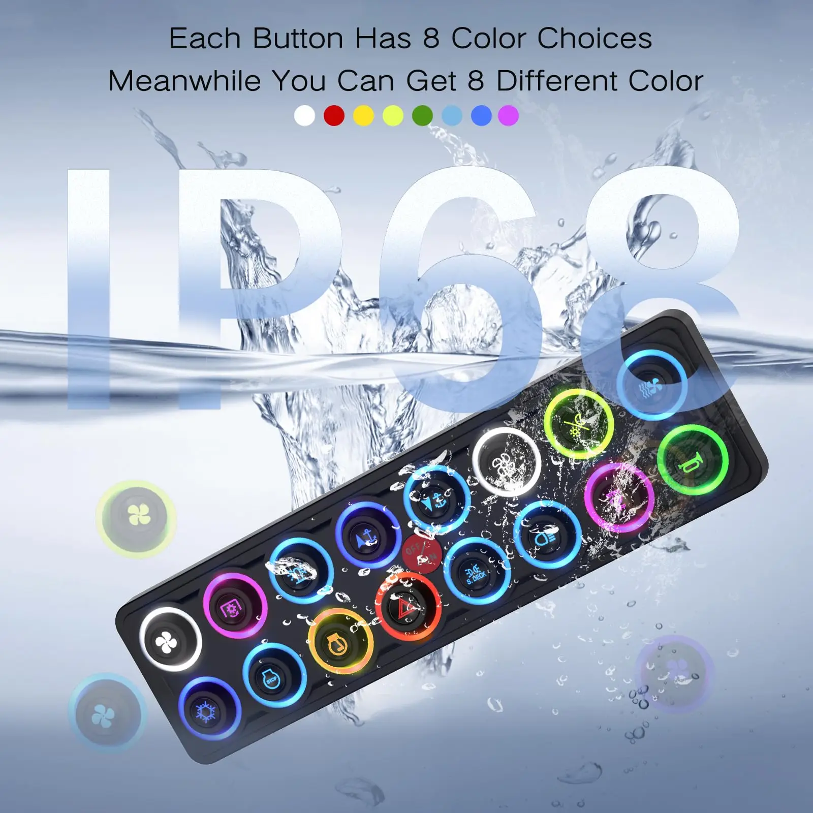 Caixa de Controle de Circuito de Relé Automotivo 60A 12V com 16 Canais, Painel de Interruptores Tácteis RGB Marinho à Prova d'Água, Multifuncional com 4 Modos e 8 Cores de Luz de Fundo