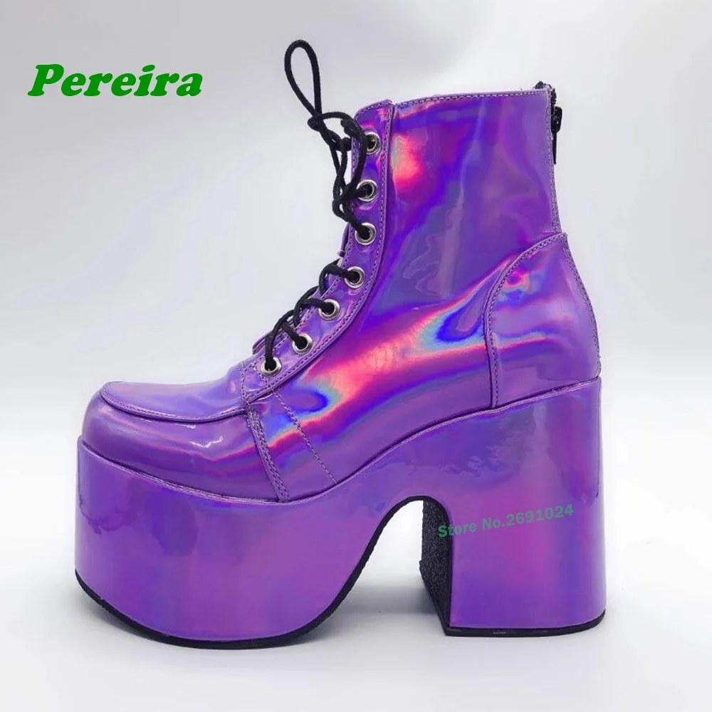 Laser Platform Thick Soled Ankle Boots Chunky Heeled Back Zipper Cross Tied Lace Up Purple Women\'s Boots Luxury Shoes Plus Size