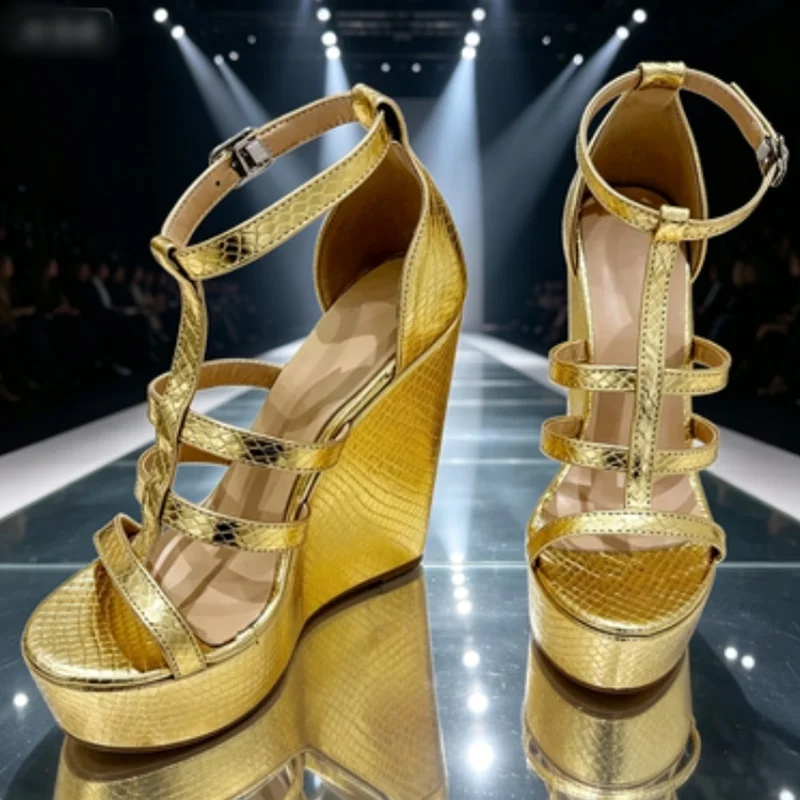 

Glamorous Gold Crocodile Pattern Wedge Sandals for Women Fashion Open Toe Ankle Strap Platform Heels Summer Beach Outside Shoes