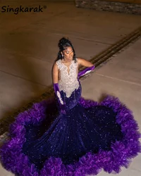 New Purple Diamonds Prom Dress With Two Gloves Glitter Bead Crystal Tassels Sequins Gown Birthday Party Dress Customized