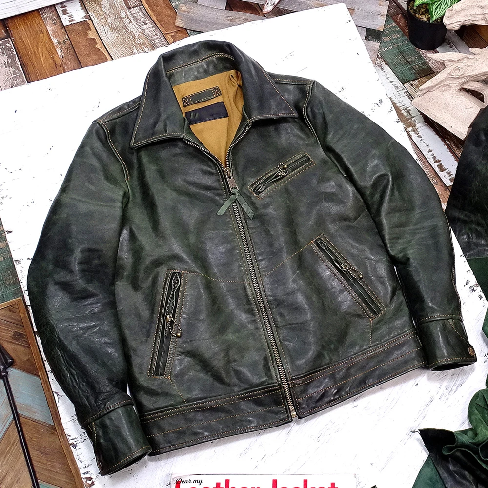 ฤดูหนาวของแท้หนัง Mens Bomber Jacket Top Coat สีเขียว Horsehide Jacket ขนาดใหญ่และสูง Man Windbreaker Plus ขนาด 5XL Trench Coat