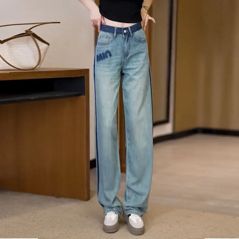 

Light blue narrow version of wide-leg jeans for women early autumn high waist slim spring straight tube