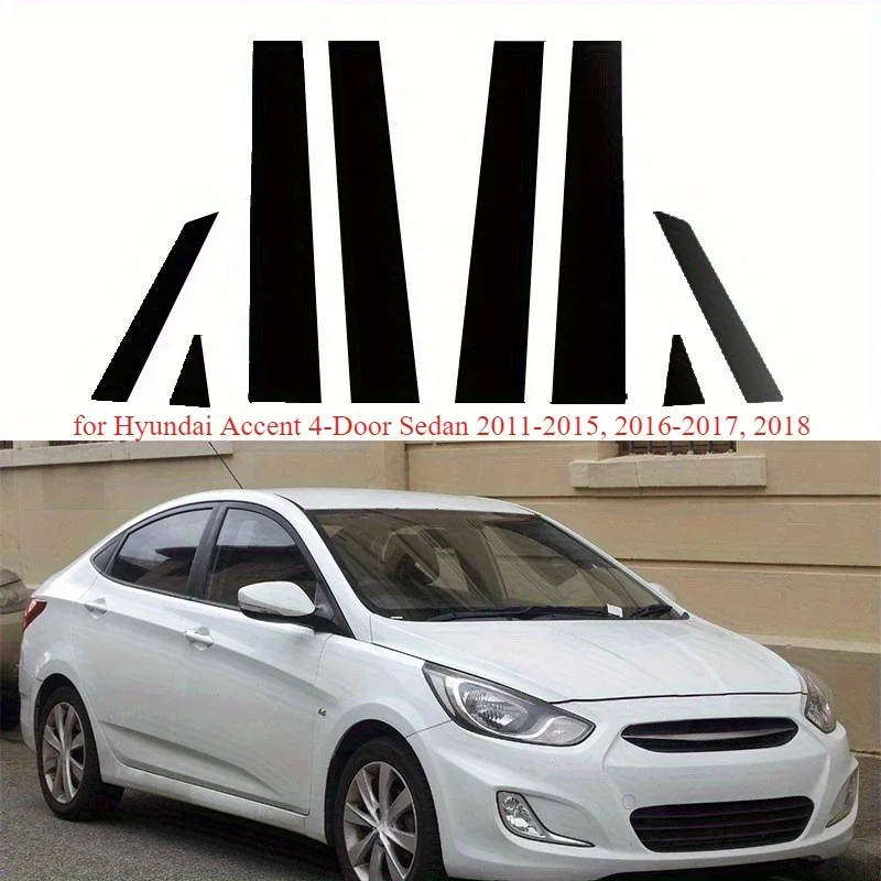 8pcs Glossy Black Car Pillar Posts - Fits for Hyundai Accent 4-Door Sedan 2011-2018 - Front Door Side Window Decal Sticker