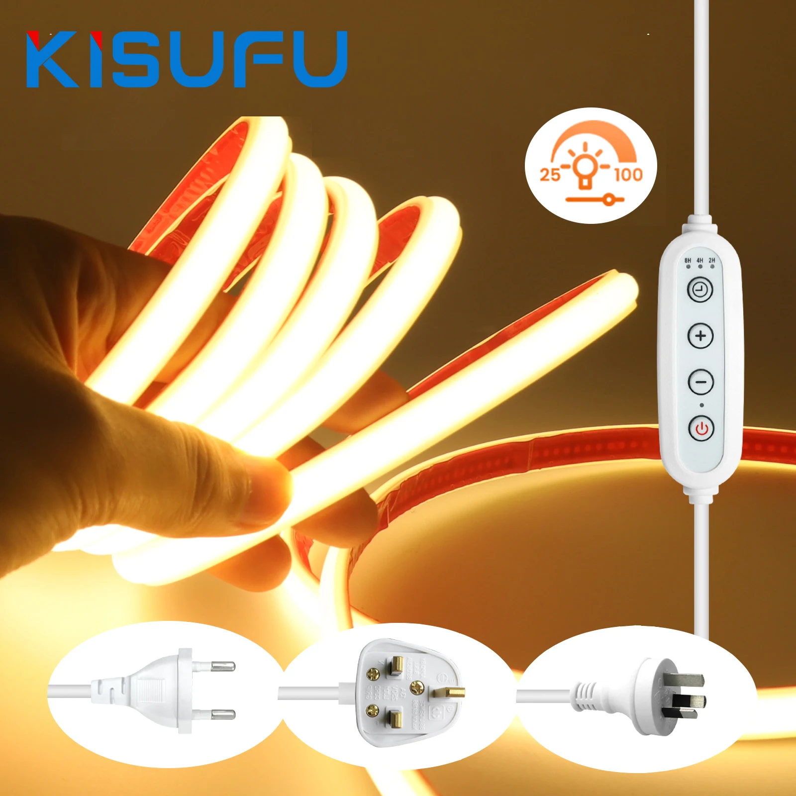 

Светодиодная лента COB с регулируемой яркостью, 220 В, 230 В, с таймером/выключателем, 288 светодиодов/м, водонепроницаемая, для освещения комнат, кухонь и улицы