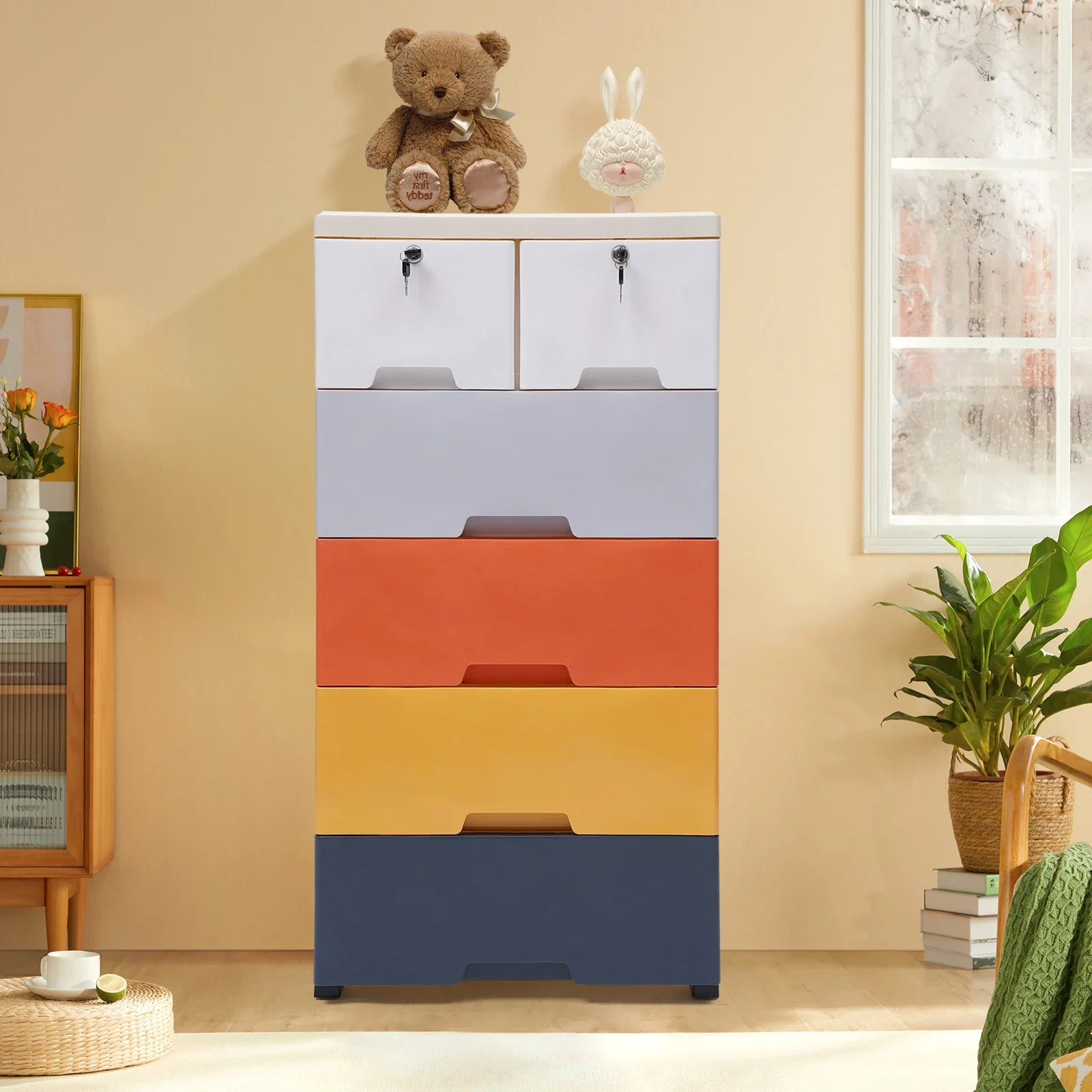 

5-Tier Dresser Drawer Multi-Usage W/ Two Locks Bedroom Plastic Clothes Cupboard