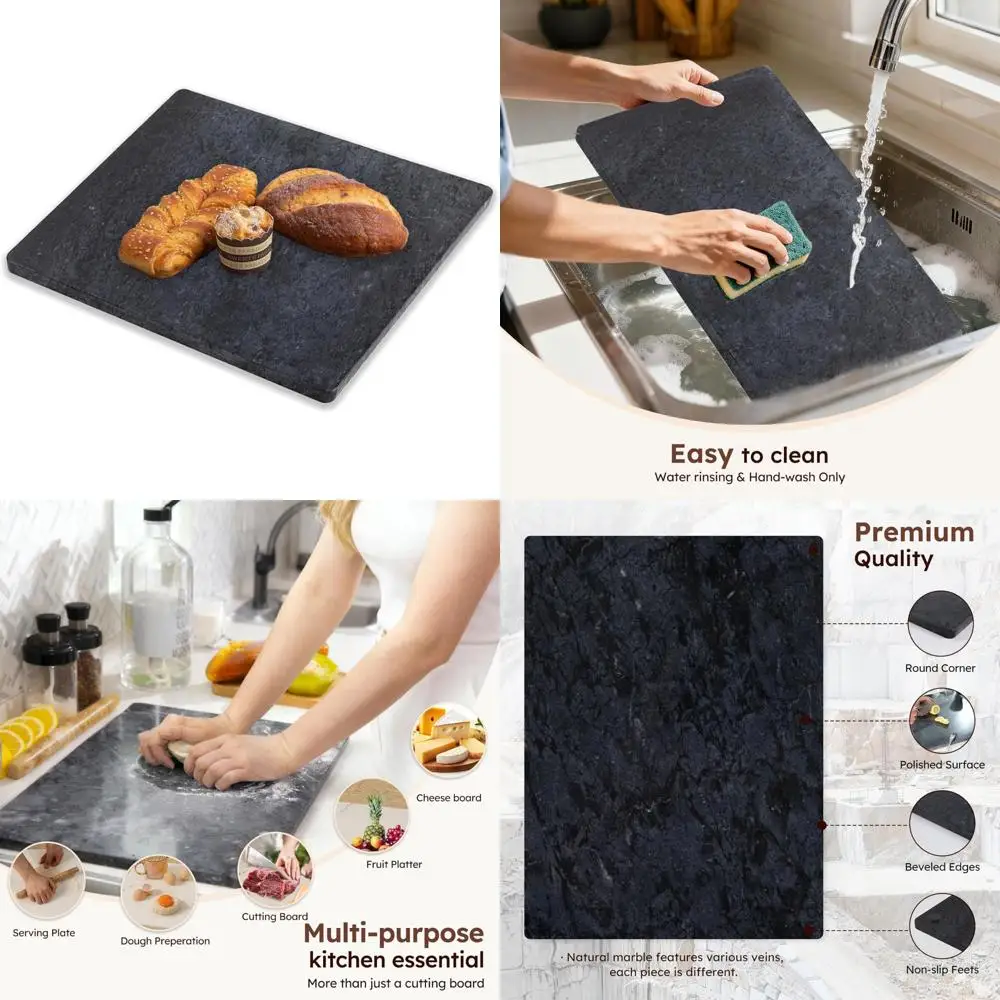 

Large 16x20 Inch Black Marble Kitchen Cutting Board with Non-Slip Feet for Pastry and Food Preparation