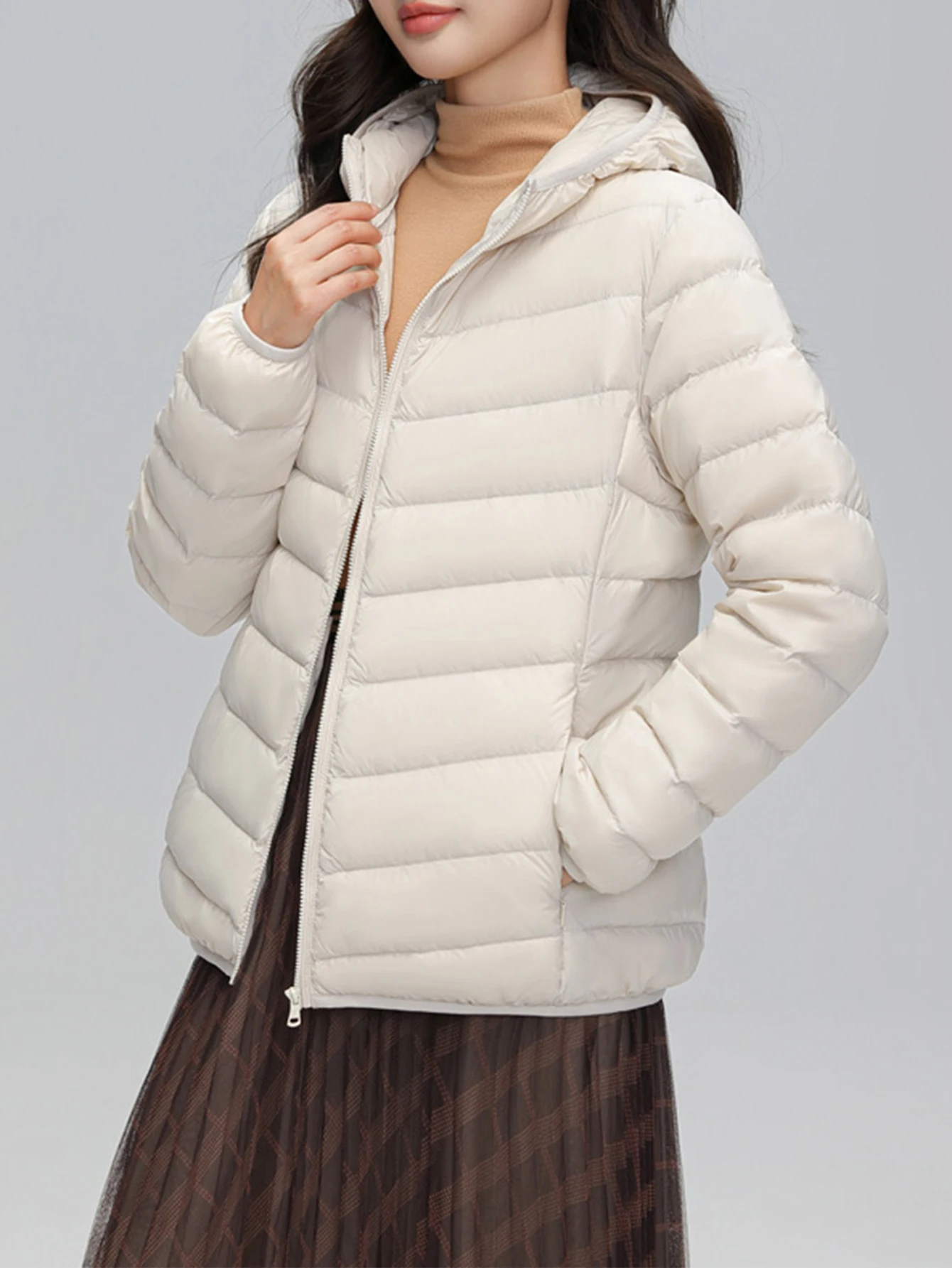 سترة نسائية بأكمام طويلة للخريف والشتاء بلون سادة وسحاب وغطاء للرأس ملابس يومية بأسلوب بسيط ملابس علوية